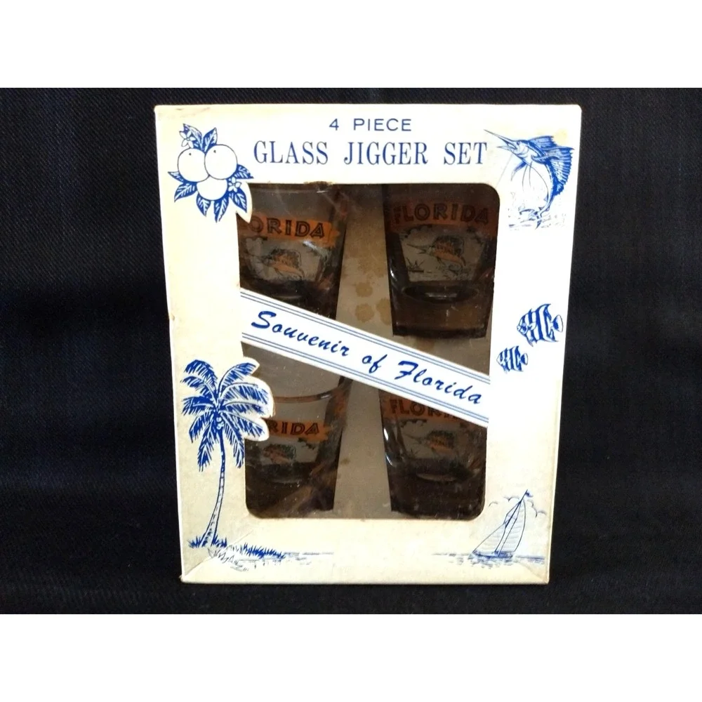 Florida Souvenir Shot Glasses Vtg Carrib Set of 4 Original Box Marlin Sunshine